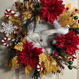 Elegant Red and Gold Holiday Wreath with White Dove
